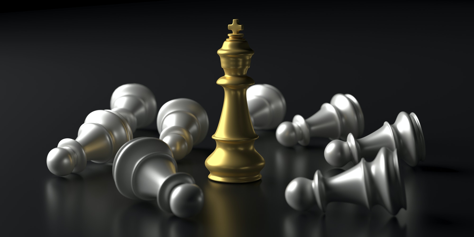 Chess king gold standing winner on black background. 3d illustration